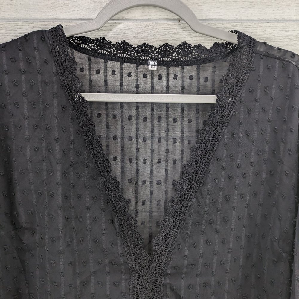 V Neck Elegant Swiss Dot Lace Splicing Plus Size Blouse - Picture 4 of 7